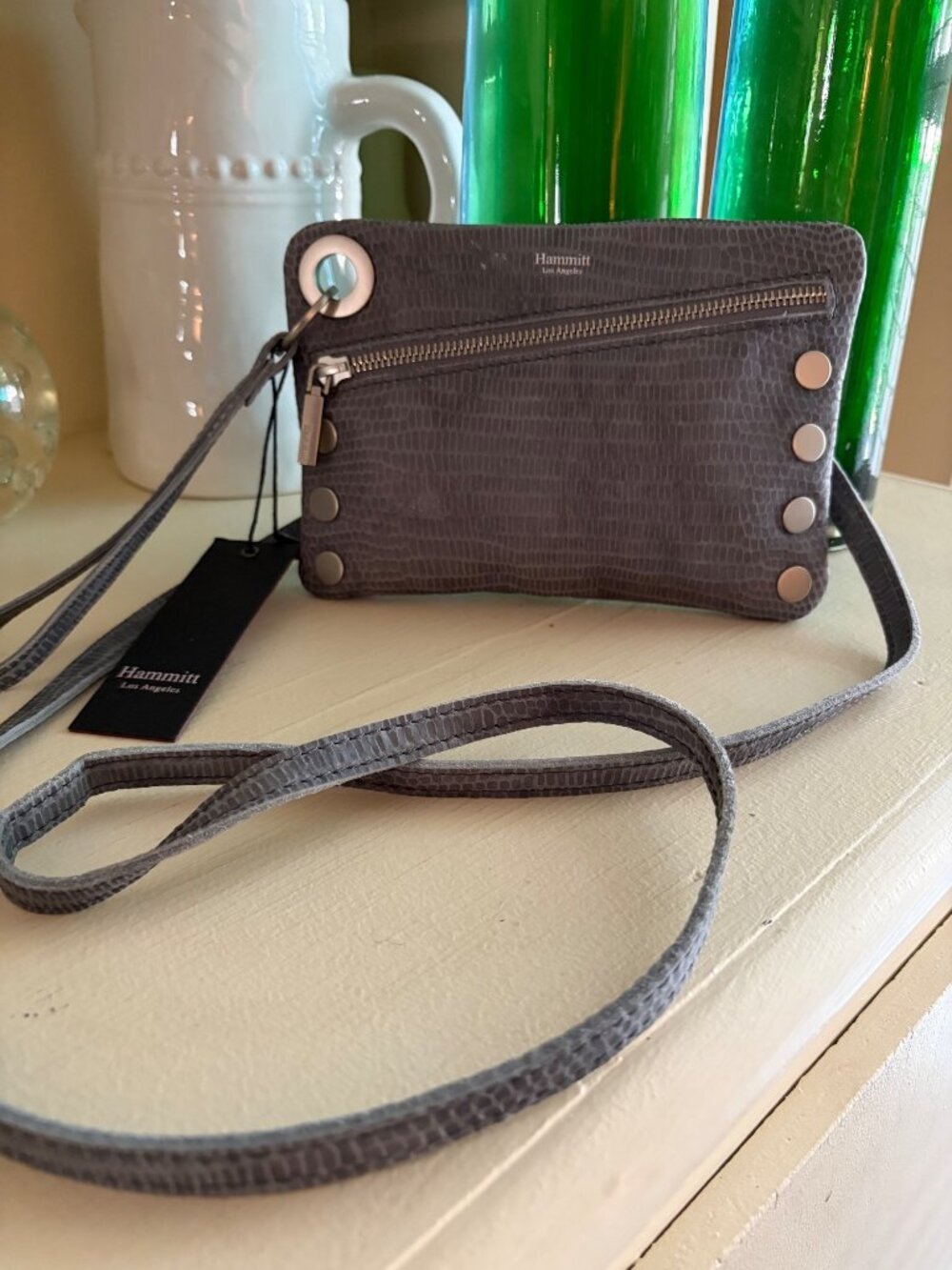 Hammitt Nash Small Slate Tejus Snake Ebossed Suede Crossbody Shoulder Handbag / - Picture 13 of 13
